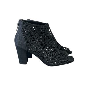 Valenti Franco Black Laser Cut Ankle Booties Open Toe Chunky Heel Elegant